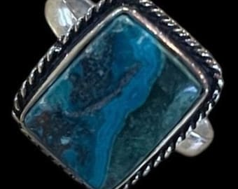 Vintage 925 Sterling Silver Turquoise Rectangular Rope Border Ring Marbled Sz 10