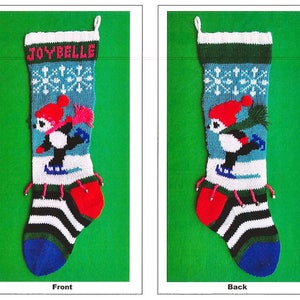 May include: Knitted Christmas stocking with a penguin ice skating design. The stocking is blue, white, green, red, and black with the name "Joybelle" at the top.
