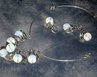 Parure in argento 925 con opale - collana, orecchini e anello / Gioielli unici in argento massiccio