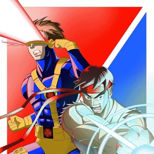 May include: A digital illustration of two comic book characters facing each other. The character on the left is wearing a blue and yellow suit with a red headband. The character on the right is wearing a white karate uniform with a red headband. The background is a red, white, and blue color scheme.