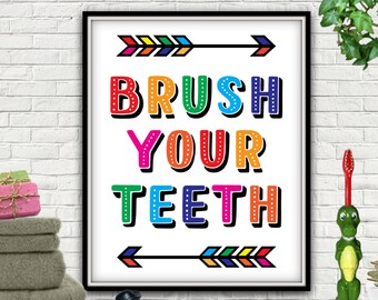 Brush Your Teeth Sign, Colorful Kids Bathroom Art (Digital Download)