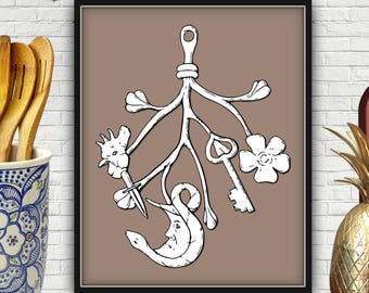 May include: A black framed print with a brown background featuring a white line drawing of a stylized branch with various charms hanging from it, including a key, a flower, a crescent moon, a snake, and a dagger.