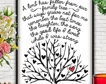 A Limb Has Fallen, Family Tree Print, Remembrance Poem, Funeral Printable, Funeral Memorial Art, Memorial, Limb Fallen Family Tree Print JPG