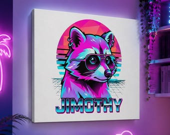 Neon Retro Jimothy the Raccoon Art Canvas, Vaporwave Wall Art