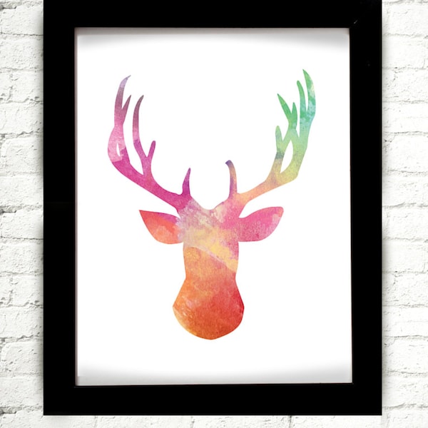 Watercolor Deer Print, Deer Antler, Deer Head, Deer Print, Deer Painting, Deer Poster, Deer Printable, Deer Head Silhouette, Deer Head Print