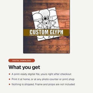What you get with Custom Power Glyph: a printable digital file. Print at home or at a photo counter. Nothing is shipped and the frame is not included.
