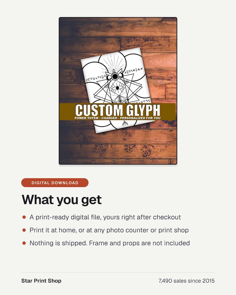 What you get with Custom Power Glyph: a printable digital file. Print at home or at a photo counter. Nothing is shipped and the frame is not included.