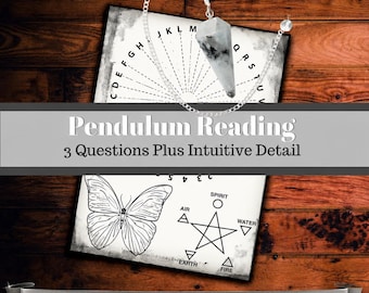 May include: A faceted stone pendulum on a silver chain resting on a white card featuring an alphabet arc, a butterfly illustration, and a pentagram with the labels Spirit, Air, Water, Earth, and Fire. Text reads Pendulum Reading, 3 Questions Plus Intuitive Detail, and SPIRITCLICK.COM.