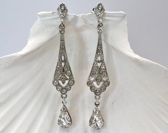 Art Deco Swarovski Crystal Chandelier Earrings | Silver Tone Rhodium Victorian Teardrops | Vintage Wedding Jewellery By PalaceBridal