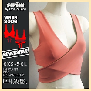 Wrap Bikini Top Sewing Pattern | Reversible swimwear with step-by-step YouTube video sewing tutorial | Stretch lycra knit in sizes XXS-5XL