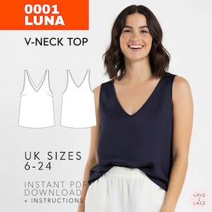 Patrón de costura para top Luna con escote en V: Camisola DIY para mujer (Tallas 6-24 UK) (Patrón digital en PDF)