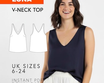 Luna V-Neck Top Sewing Pattern: Women's Camisole DIY (Sizes 6-24 UK) (Digital PDF Pattern)