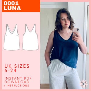 Luna V-Neck Top Sewing Pattern: Women&#39;s Camisole DIY (Sizes 6-24 UK) (PDF Pattern)