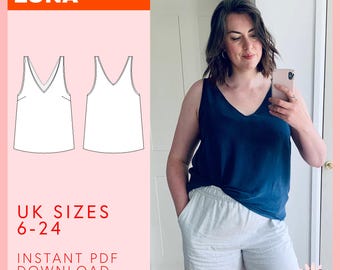 Luna V-neck Top Sewing Pattern in Sizes 6-24 UK | Women's Lingerie & Loungewear DIY Sleeveless Camisole with Darts with Easy Instructions