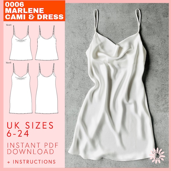 Cowl Neck Cami and Bias Cut Slip Dress Sewing Pattern | UK sizes 6-24 suitable for plus size and fuller bust | Marlene lounge by Love & Lace