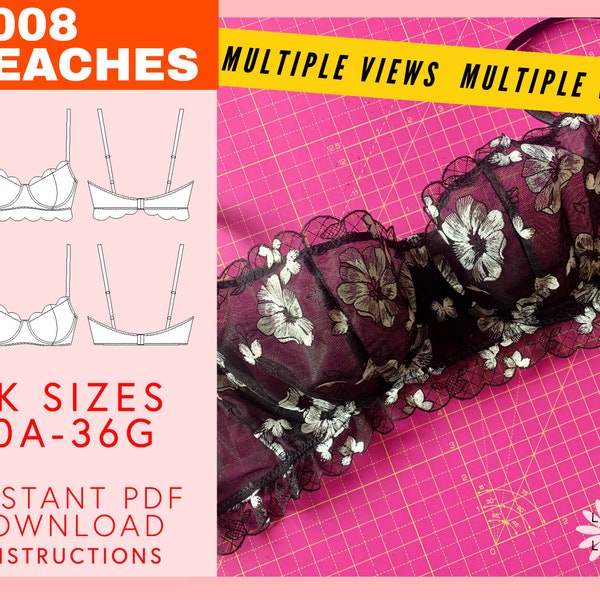 Balcony Bra Pattern 30A-36G | Peaches Bra | Instant PDF download | Lingerie underwired half cup bra sewing pattern with DIY instructions