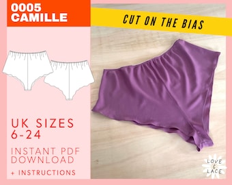 Bias Cut French Knicker Sewing Pattern | Instant PDF Download UK sizes 6-24 | Camille Pyjama Shorts | Flirty Leg Woven Fabrics Love & Lace