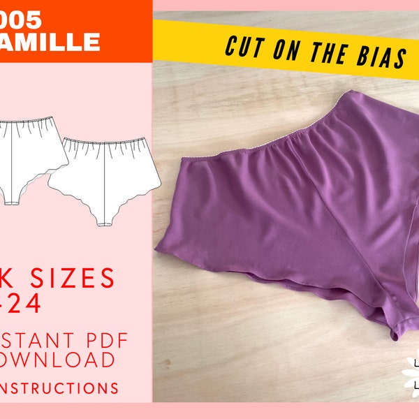 Bias Cut French Knicker Sewing Pattern | Instant PDF Download UK sizes 6-24 | Camille Pyjama Shorts | Flirty Leg Woven Fabrics Love & Lace