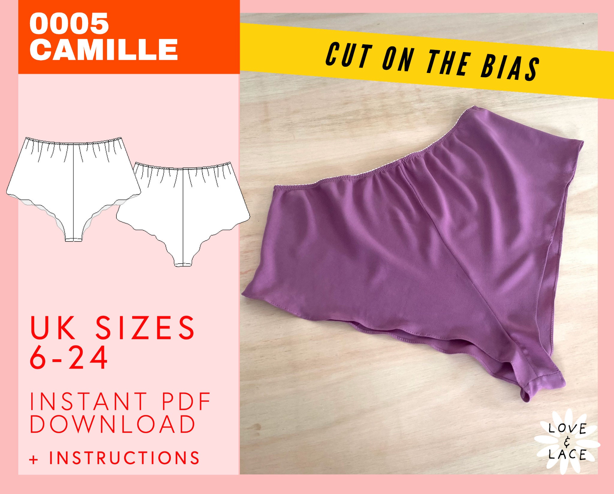 Bias Cut French Knicker Sewing Pattern Instant PDF Download UK Sizes 6-24  Camille Pyjama Shorts Flirty Leg Woven Fabrics Love & Lace 