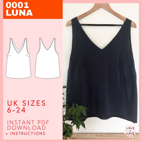 Indie Sewing Pattern | V-neck top sizes 6-24 UK | Digital Lingerie & Loungewear Sewing Pattern With Easy Instructions | Camisole with Darts