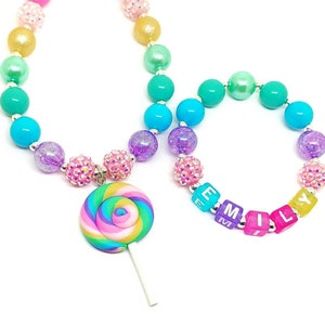 Girls personalized lollipop necklace name bracelet jewelry set