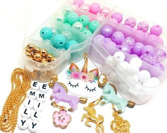 Unicorn name bracelet necklace kits bead box - Girls personalized jewelry making set