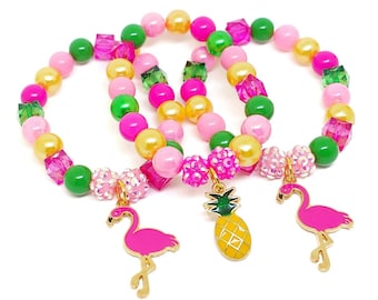 Flamingo pineapple bracelets party favors, Girls luau birthday thank you gifts