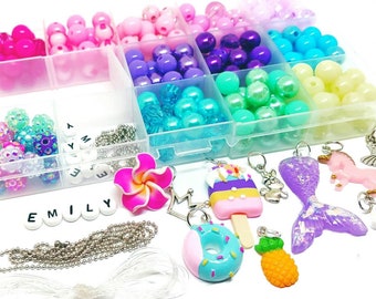 Personalized rainbow craft kits bead box, Girls easy bracelets and necklaces kits gift set