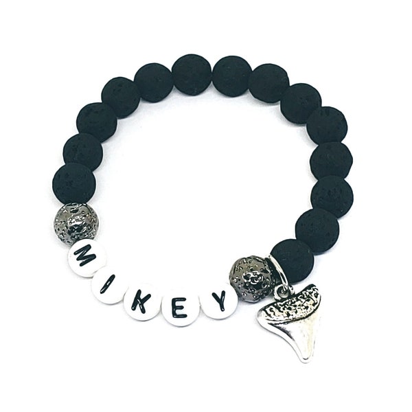 Shark tooth name bracelet with lava rock beads