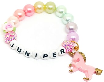 Girls pink unicorn name bracelet Personalized acrylic pearl jewelry