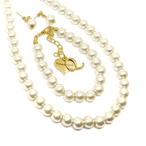 Gold flower girl necklace bracelet jewelry set - Girl's ivory pearl wedding gift