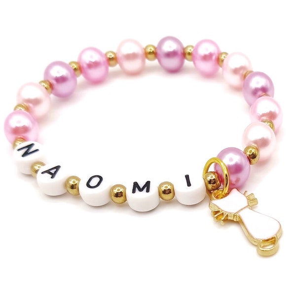 Pink cat name bracelet, Custom girls letter bead jewelry