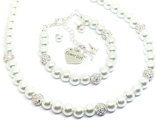 Personalized flower girl necklace bracelet jewelry set - Girl's white pearl wedding gift