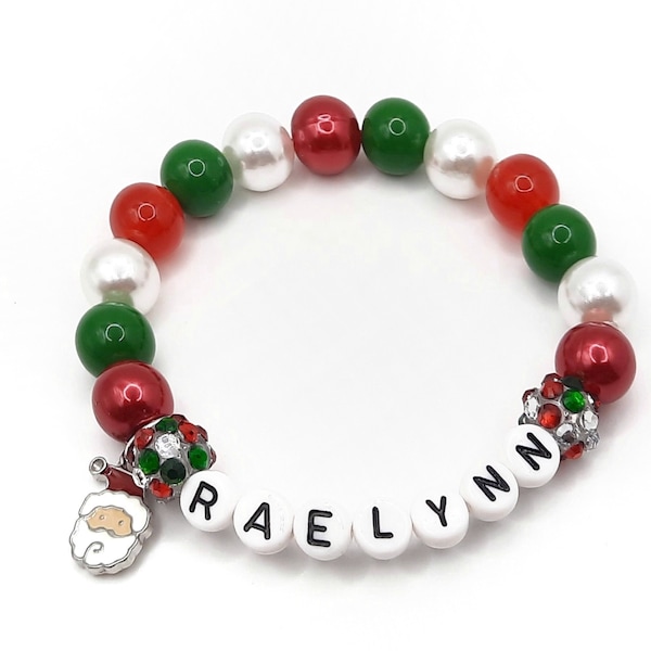 Girls Santa name bracelet, Personalized Christmas jewelry