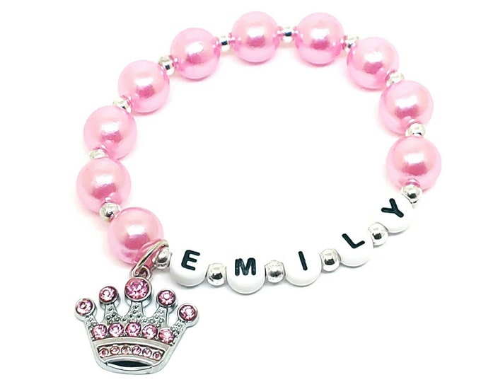 Girl's pink tiara name bracelet princess birthday