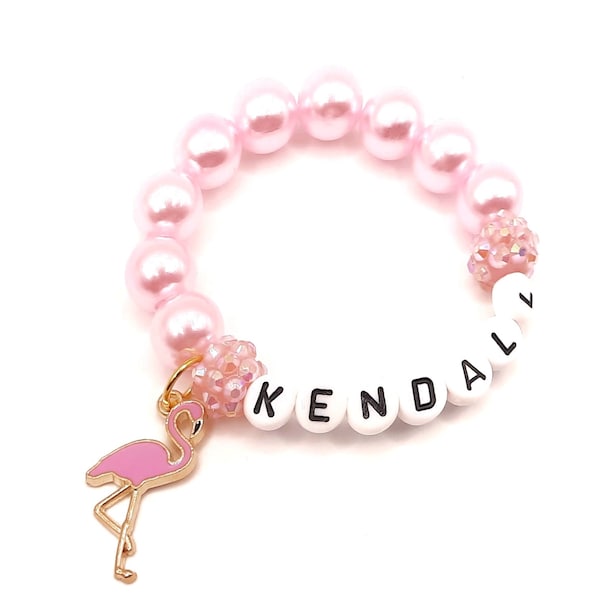 Pink flamingo name bracelet, Personalized girls jewelry