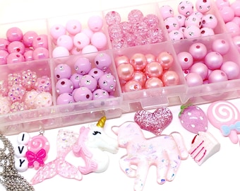 Pink jewelry kits Girls craft container with 10 charms