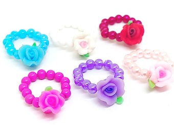 Polymer clay flower stretchy rings party favors, Girls beaded rings