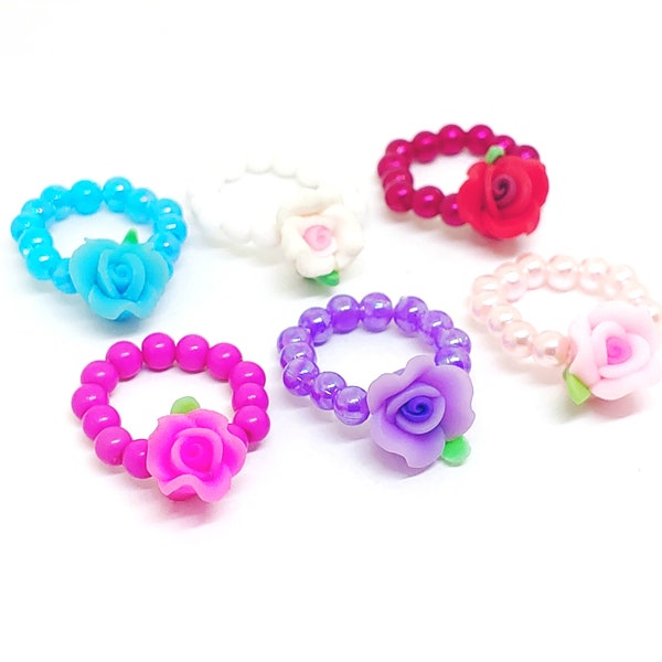 Polymer clay flower stretchy rings party favors, Girls beaded rings