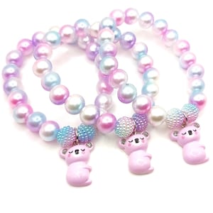 Girls pastel koala bracelets party favors, Purple pink pearl birthday jewelry