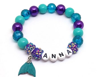 Personalised  Blue  Beaded Bracelet Mermaid  Charm Girl Birthday Gift Party Bags