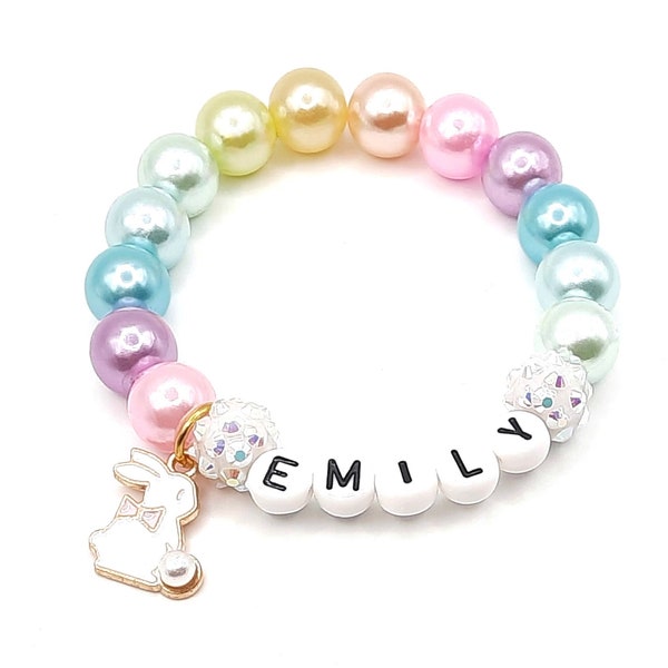 Girl's rabbit name bracelet, Pastel rainbow easter bunny jewelry