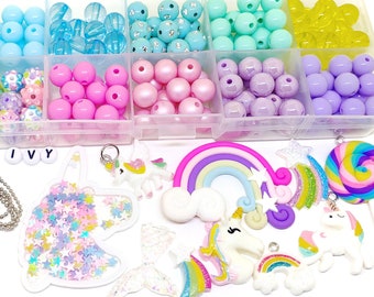 Pastel unicorn craft kits bead box, Girls easy bracelets and necklaces kits gift set