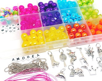 Personalized rainbow craft kits bead box, Girls bracelets and necklaces kits gift set