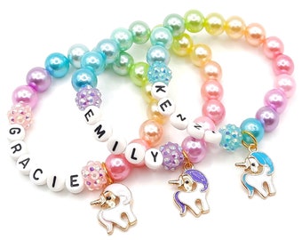 Girl's unicorn name bracelet pearl jewelry gift