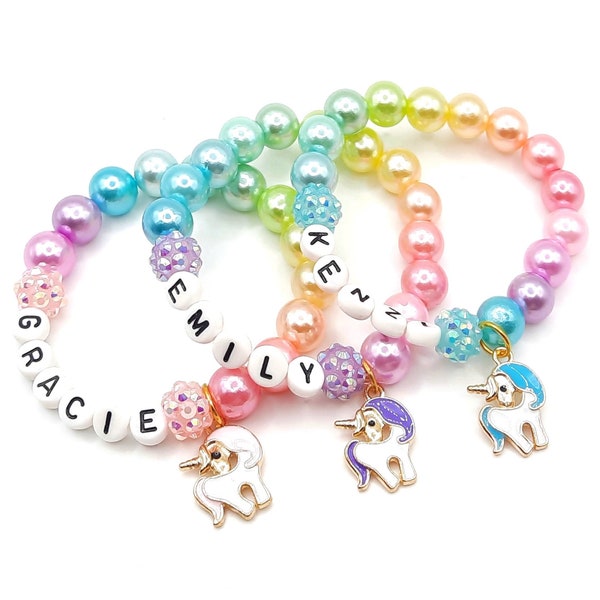 Girl's unicorn name bracelet pearl jewelry gift