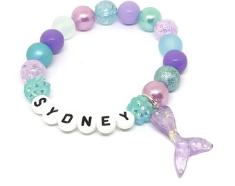 Mermaid tail name bracelet, Girls under sea letter bead jewelry