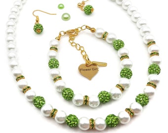 Peridot flower girl jewelry set, Gold green necklace bracelet earrings