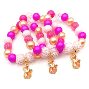 Fox bracelets party favors, Girls pink woodland birthday
