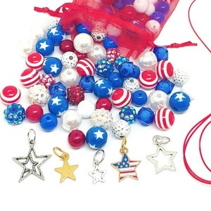 Independence day 100 bead 5 charm mix, red white blue bracelet kits